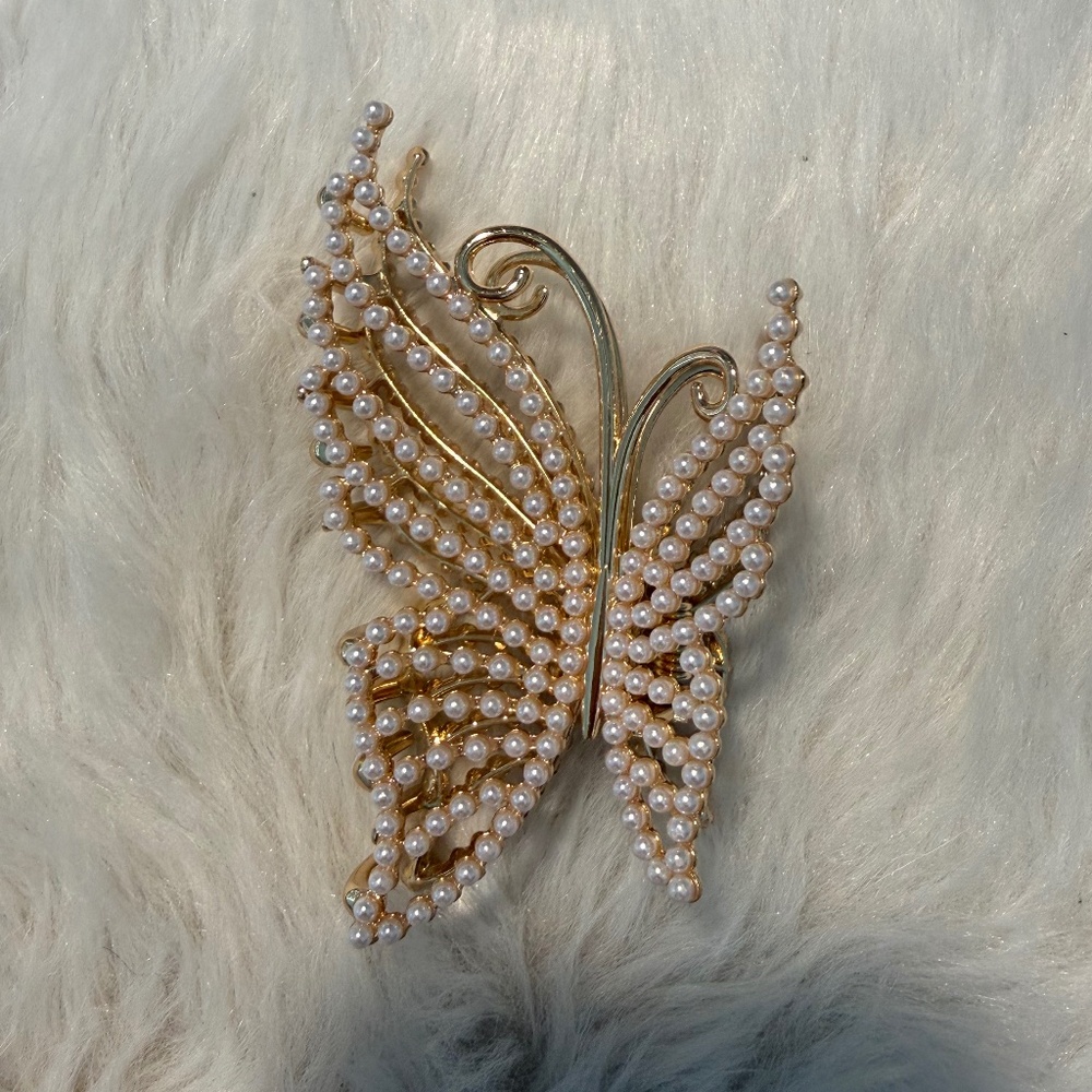 Pearl Accent Gold Butterfly Hair Clip